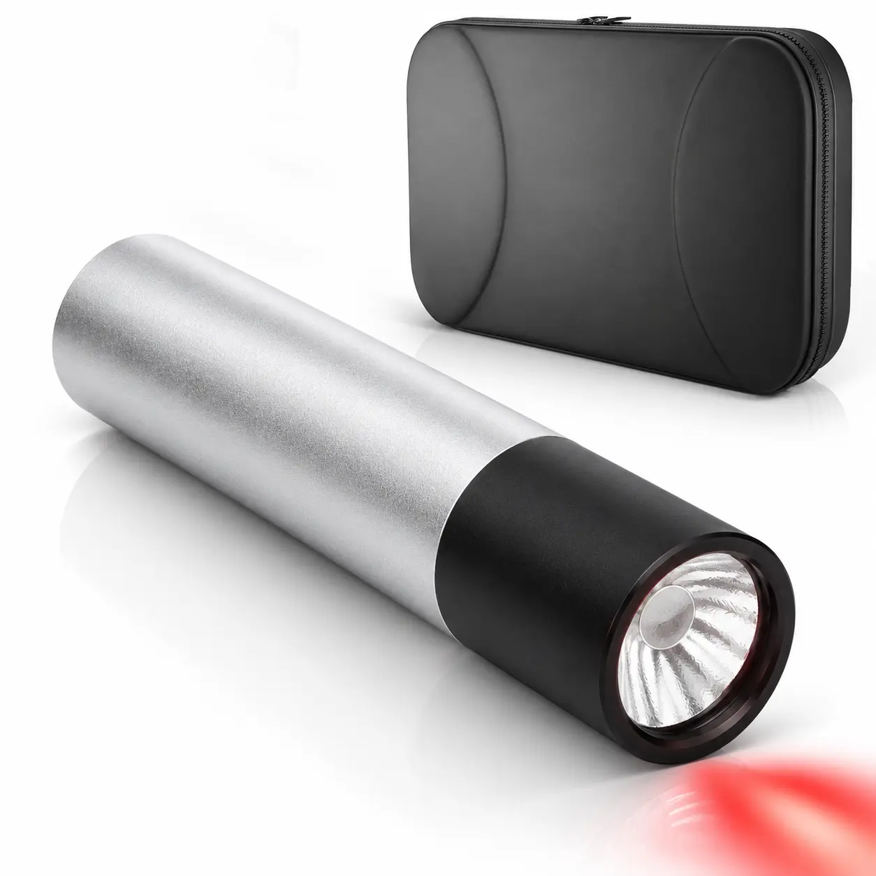 Buudy LED Torch with sleek aluminium body and red LED emitter alongside its protective black zippered travel storage case